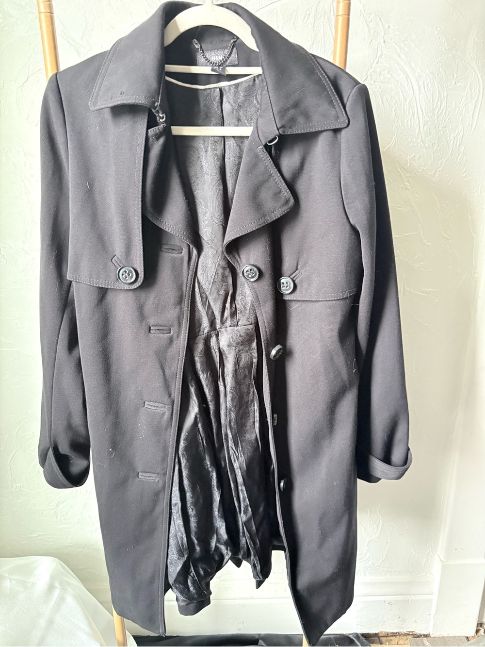 H&M Black Military Style Coat Jacket US 6 Double Collar Pleated Back